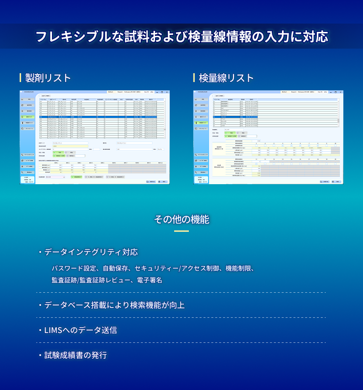 ENDOMEASURE Type-M ソフトウェアの主な機能（フレキシブルな試料および検量線情報の入力、データインテグリティ対応、LIMSへのデータ送信、試験成績書の発行など）